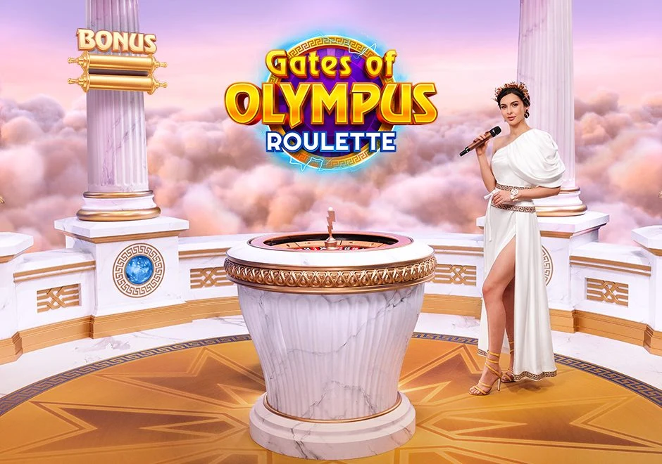 Official Gates of Olympus Roulette artwork by Pragmatic Play, with the game logo, presenter and roulette wheel